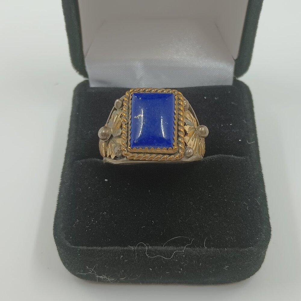 Rare Signed Richard Begay Navajo Sterling Silver Lapis Gold Wash Ring.